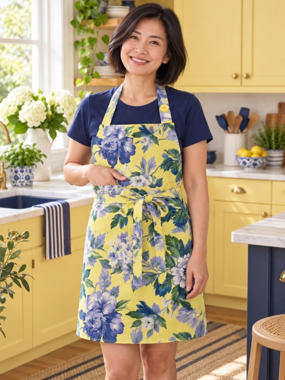 April Cornell Apron Purple Yellow Flowers French Country Spring 100% Cotton